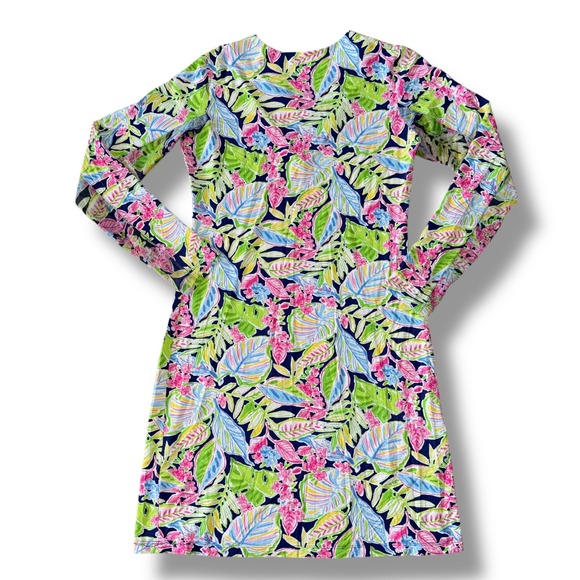 IBKUL Womens Long Sleeve Tropical Floral V-Neck Sun Protection Dress Blue Pink S - Picture 2 of 4